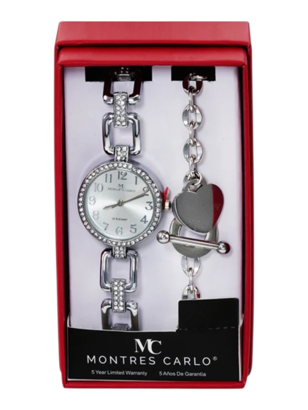 Montres Carlo Silver Crystal Bracelet Watch & Heart Charm Set - Silver